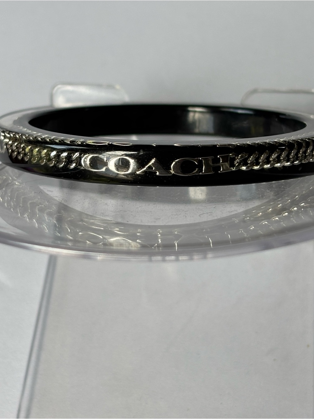 Coach Black Resin Bangle with Silver Chain and Logo